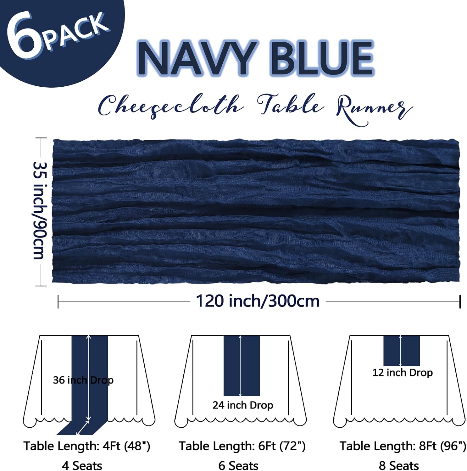 Detalle 2 de 6-Pack Navy Blue Cheesecloth Table Runner (10Ft, 35x120 Inches) for Boho Party & Wedding Decor