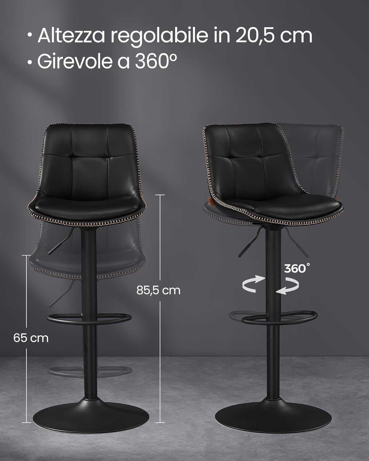 Detalle de VASAGLE Set di 2 Sgabelli da Bar Girevoli Regolabili in Altezza con Seduta in PU Trapunta, Schienale e Poggiapiedi, Acciaio Nero Inchiostro LJB095B01