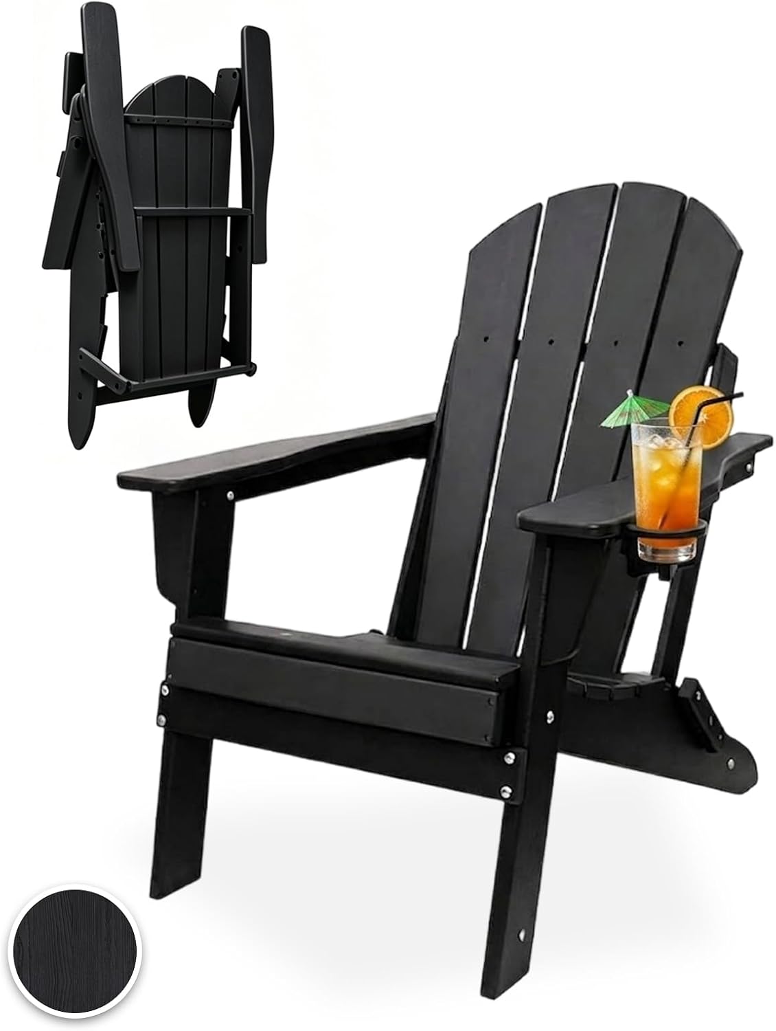 Detalle de UCMDA HBY-502 Folding Adirondack Chair, Black HDPE with Cup Holder