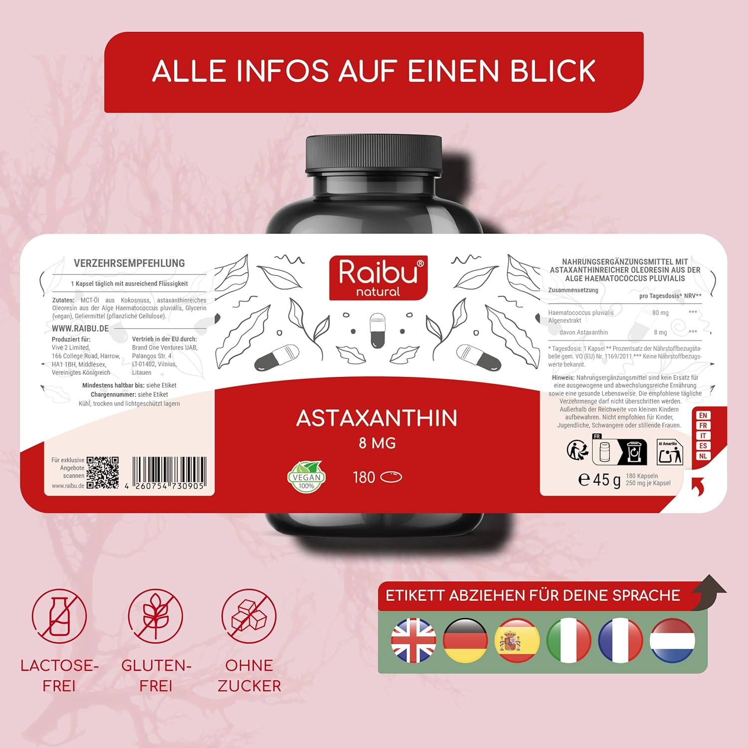 Thumbnail 6 de Astaxanthin Hochdosiert – RAIBU, 180 vegane Softgels, 8 mg pro Softgel