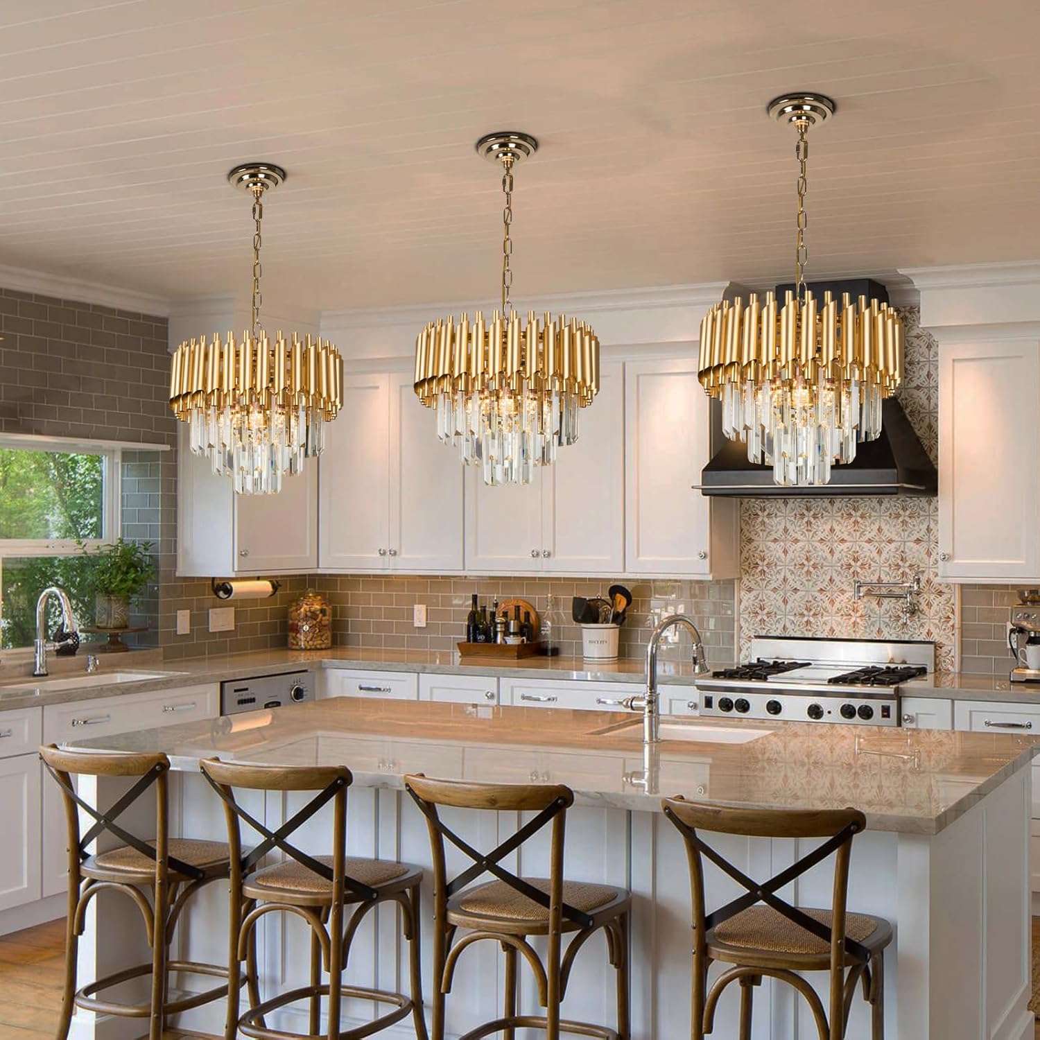 Thumbnail 1 de FRIXCHUR Gold Crystal 3-Tier Raindrop Flush Mount Ceiling Light (E14, bulbs not included)