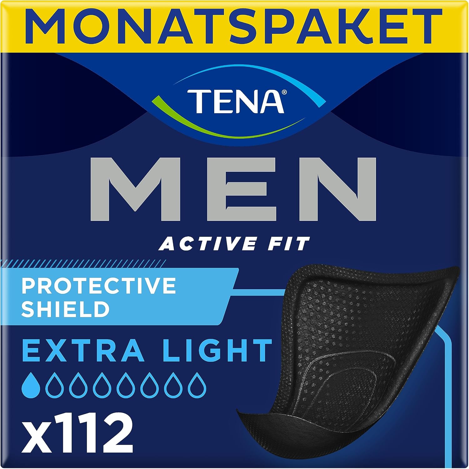 Detalle de TENA MEN Protective Shield Extra Light – 112 Einlagen im Monatspaket (8 x 14), einzeln verpackt, Schwarz
