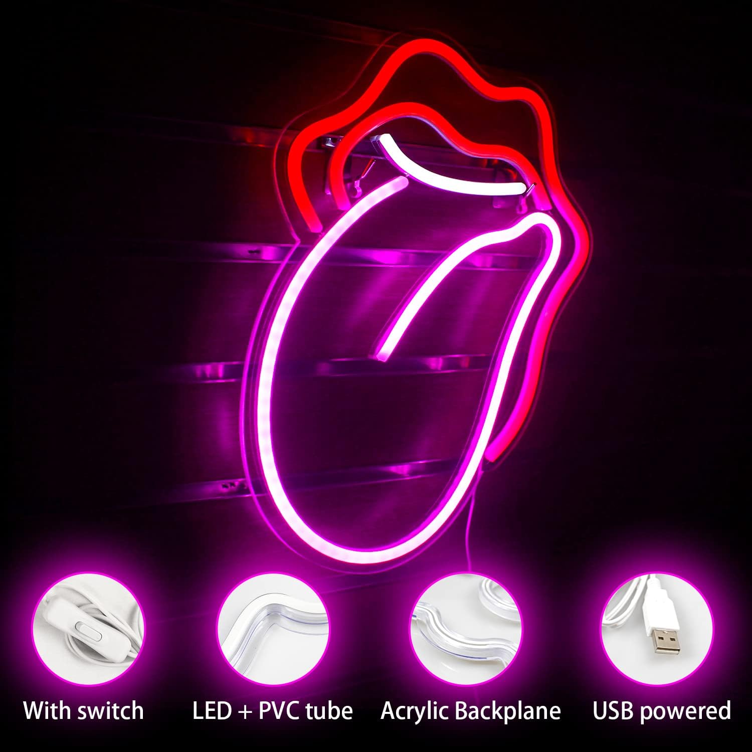 Detalle 2 de Wanxing neonbord met vuurrode lippen, tongvorm en USB-aansluiting