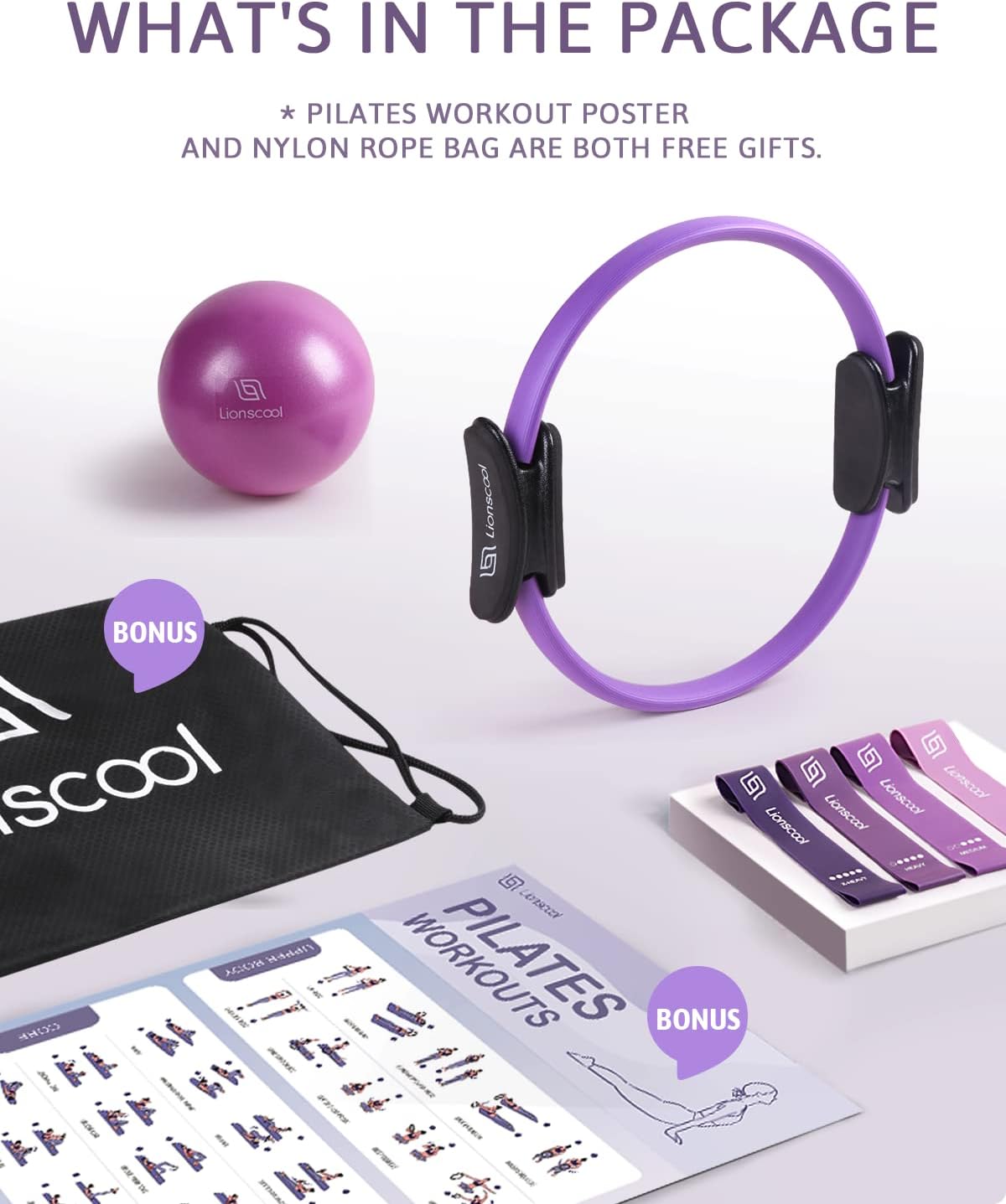 Thumbnail 6 de LIONSCOOL Pilates Ring Set: 14-Inch Magic Circle with Cushioned Handles, Anti-Burst Mini Ball, Resistance Bands & Accessories