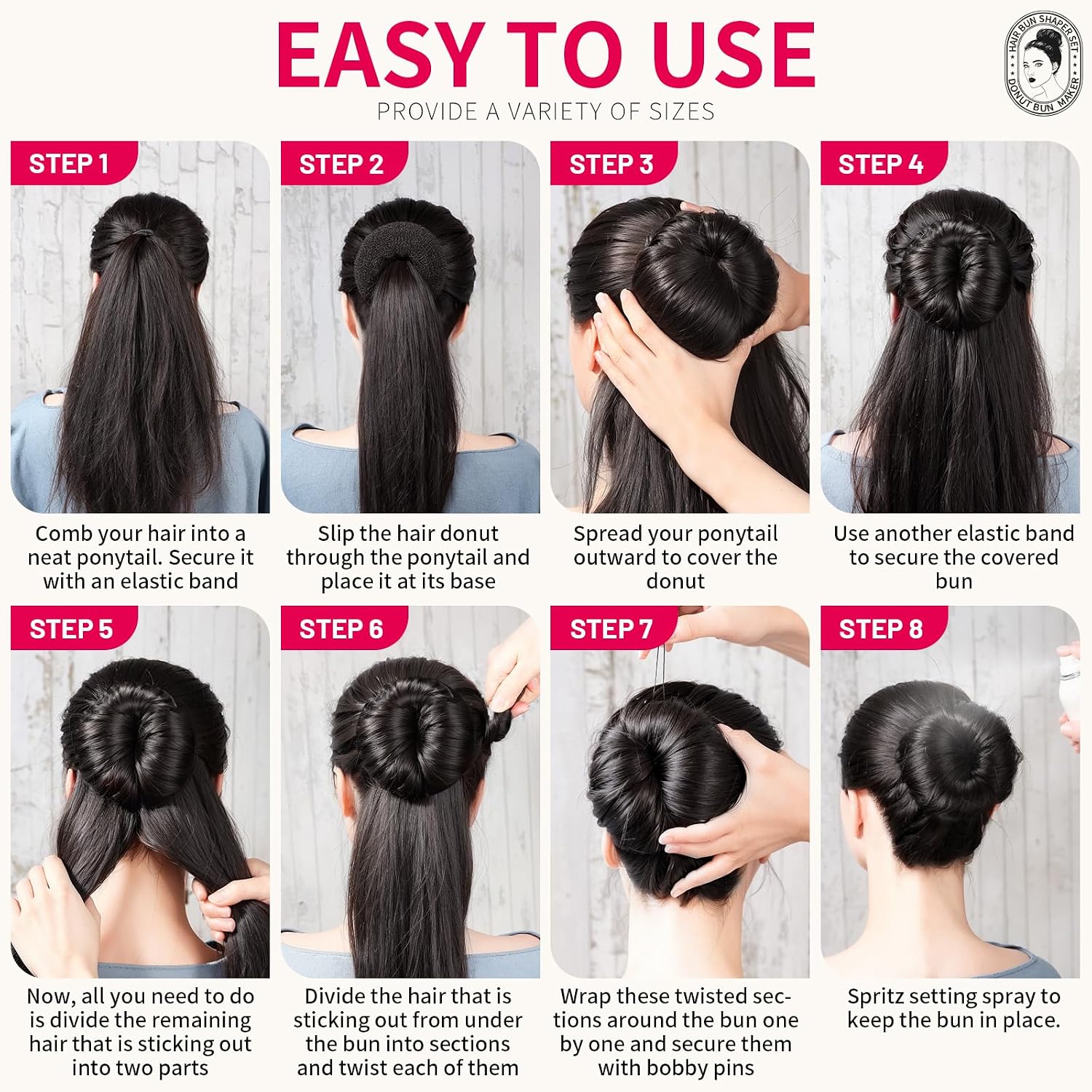 Detalle 2 de Teenitor Hair Styling Kit (Black): 5 Bands, 20 Bobby Pins, 7 Donut Bun Makers