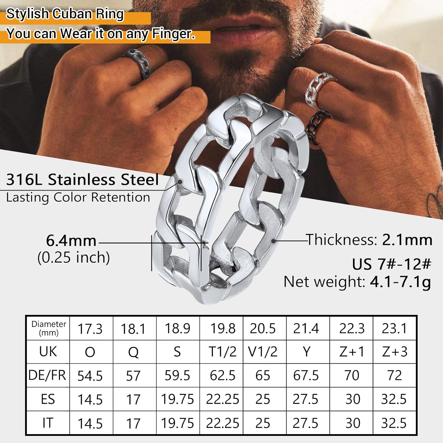 Thumbnail 3 de PROSTEEL Anello a catena cubana trafitto svuotato in acciaio 316L, argento/oro/nero, misura adattabile 14–27 (con confezione)