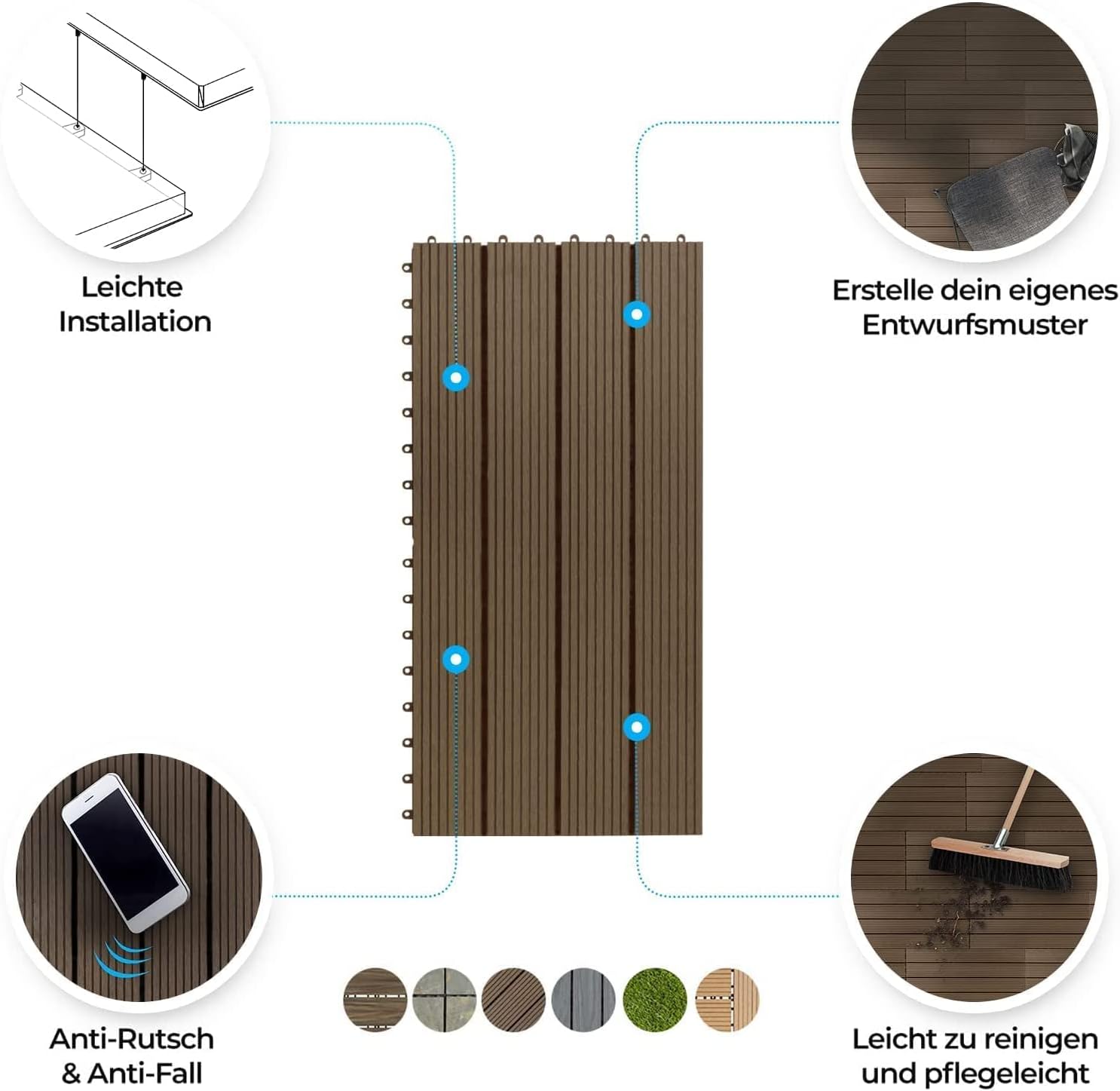 Thumbnail 5 de Floordirekt WPC Fliesen 60x30 cm Klicksystem in Holzoptik, dunkelbraun (Royal) – Terrassen- und Balkonboden