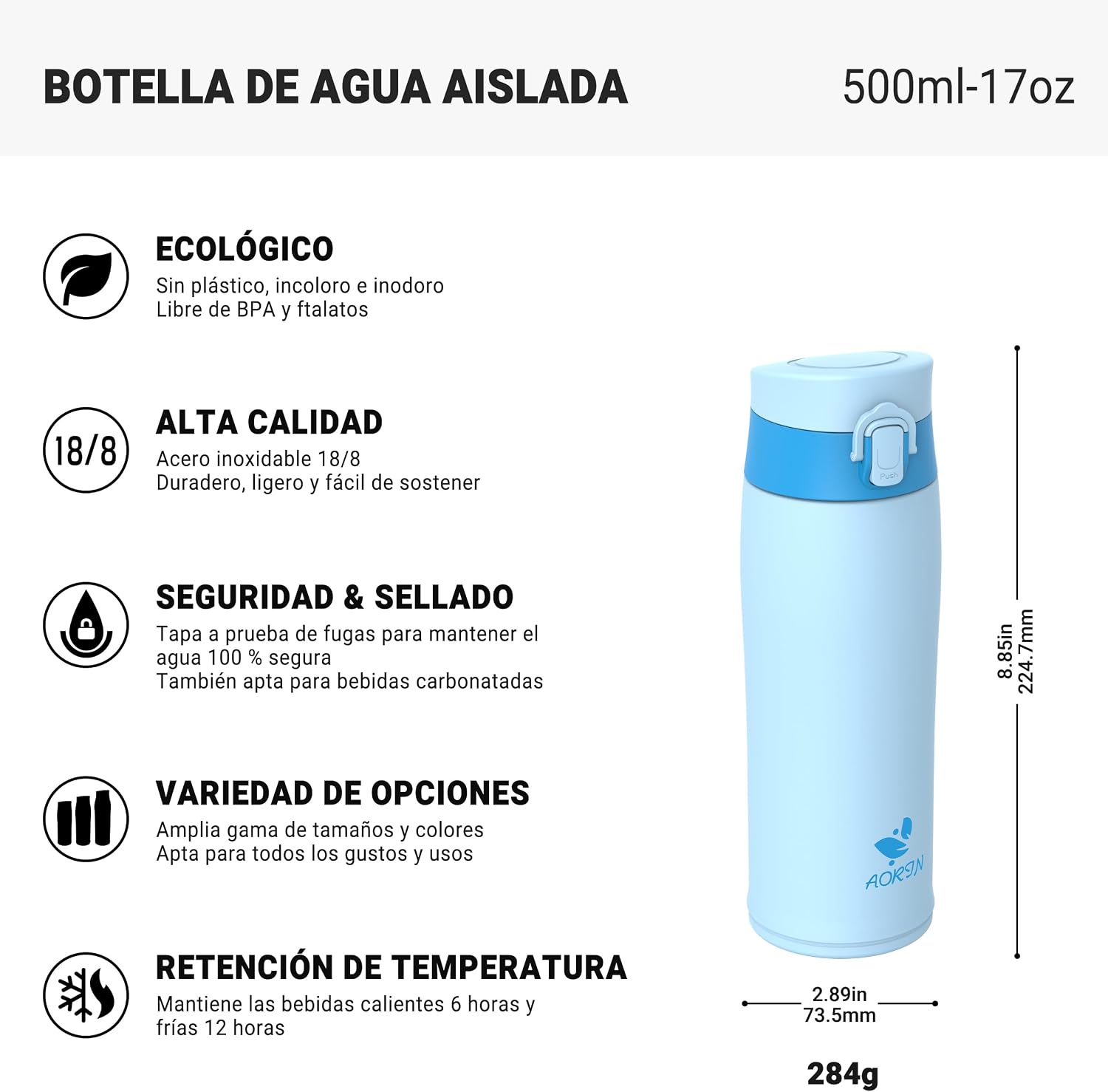 Detalle 1 de AORIN botella 500ml acero 18/8 con 2 tapas
