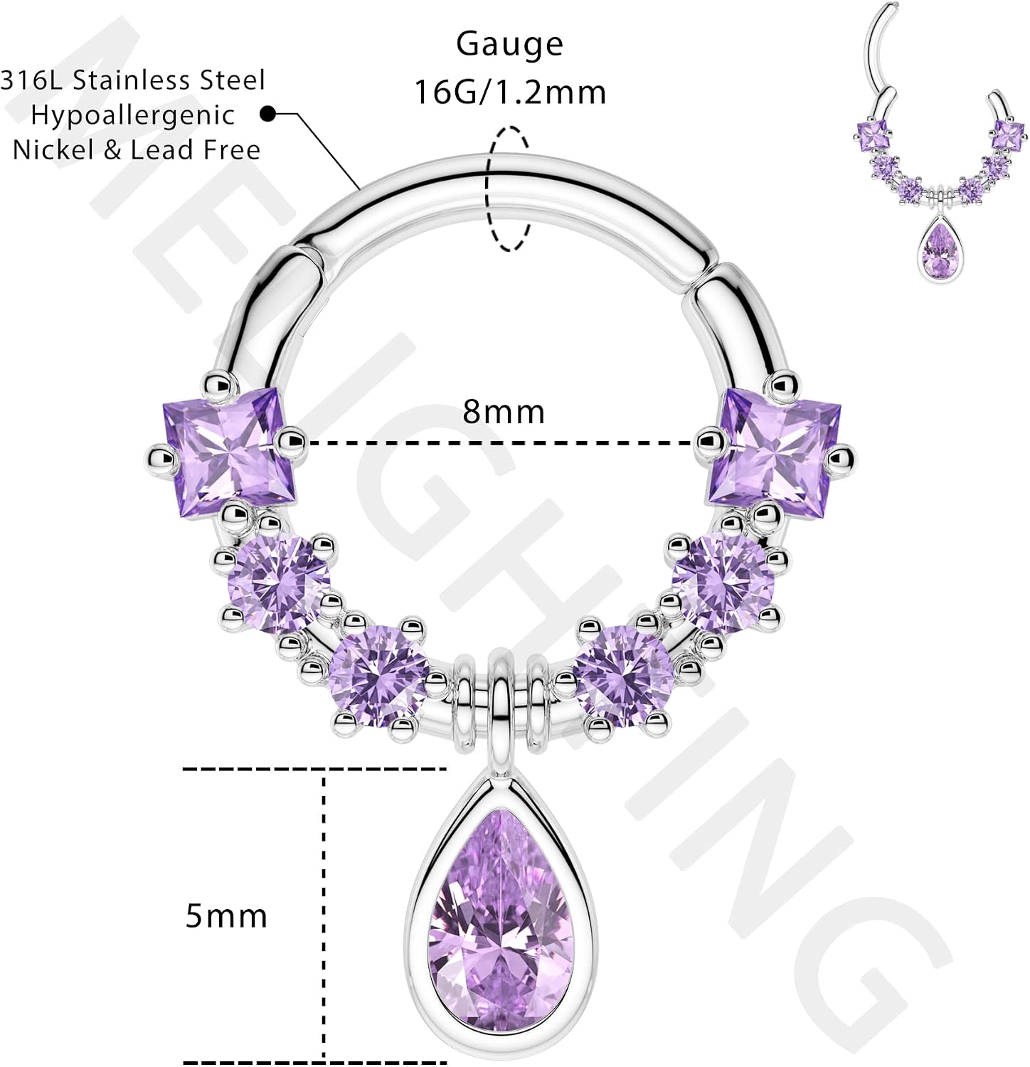 Detalle de Melighting Septum 16G 316L Acciaio