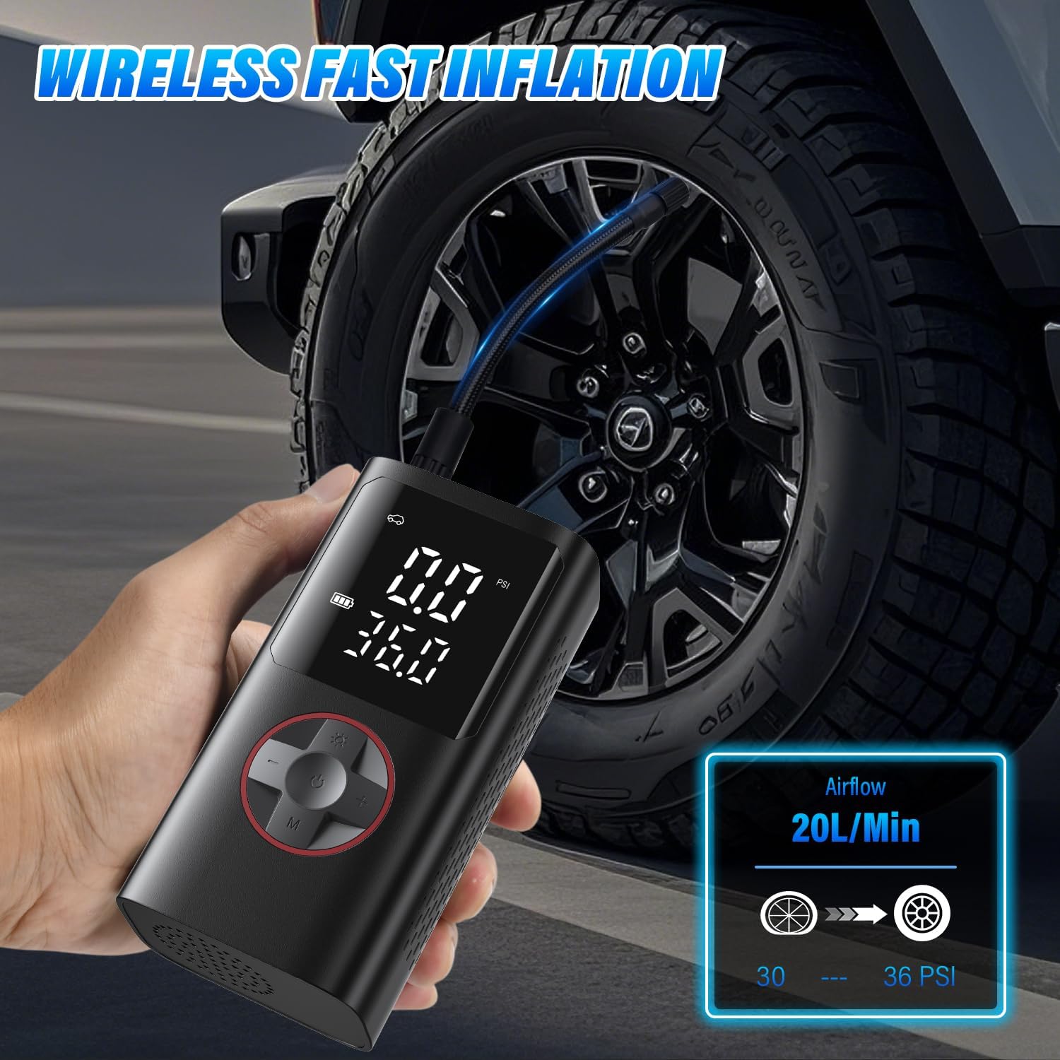 Detalle 2 de Onherm Compressore Aria Portatile: Pompa per Auto, Moto e Bicicletta con 5 Modalità e LED