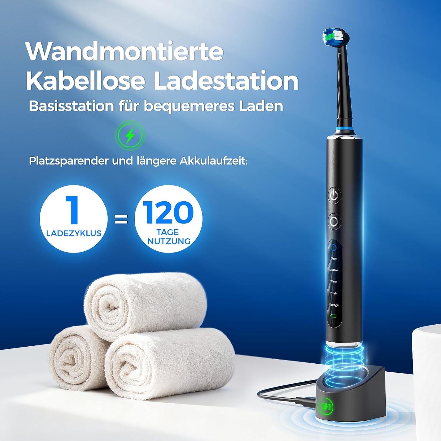 Detalle de Elektrische Zahnbürste Rotierend mit Rundkopf – 50.000 Bewegungen/Min., 8 Bürstenköpfe, 3 Intensitäten & 5 Modi