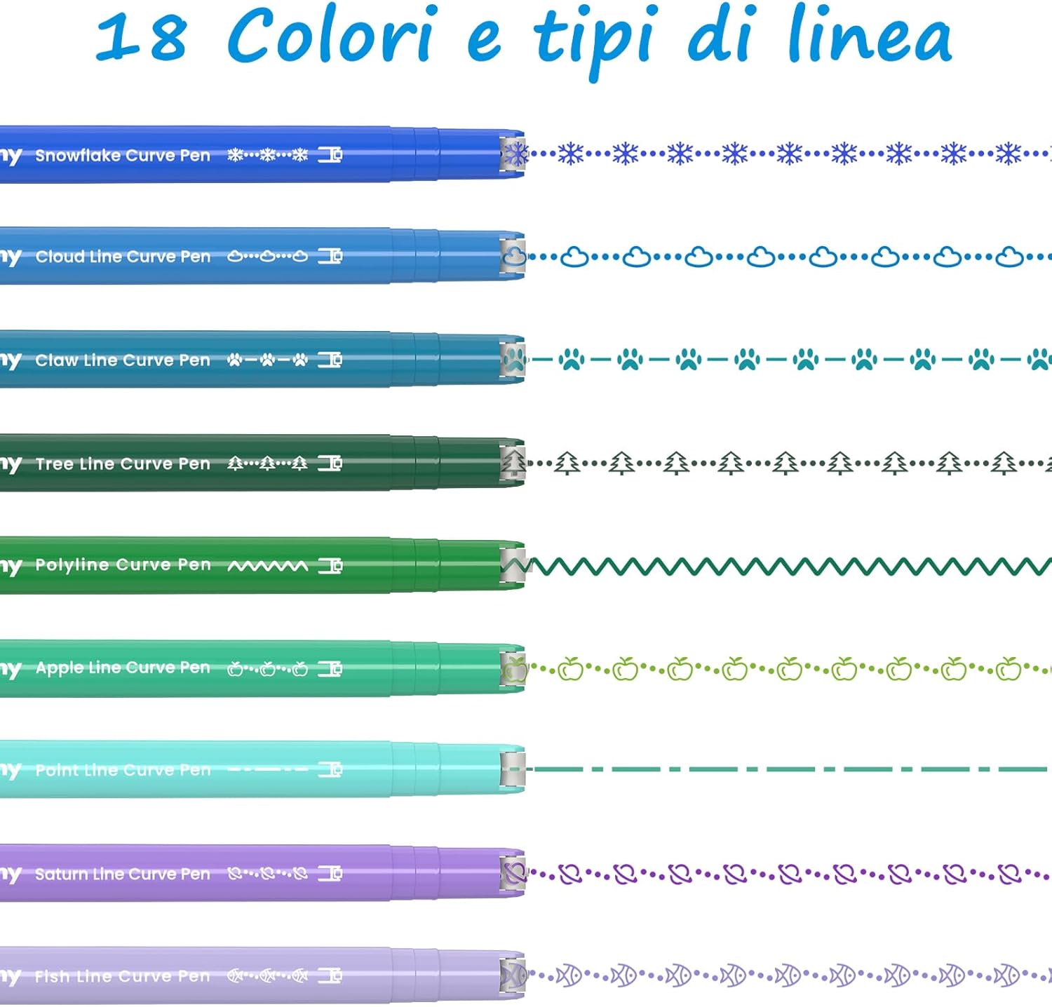 Thumbnail 3 de AECHY Penne Curve Colorate per Appunti: 18 colori, 18 tipi di curve, doppia punta