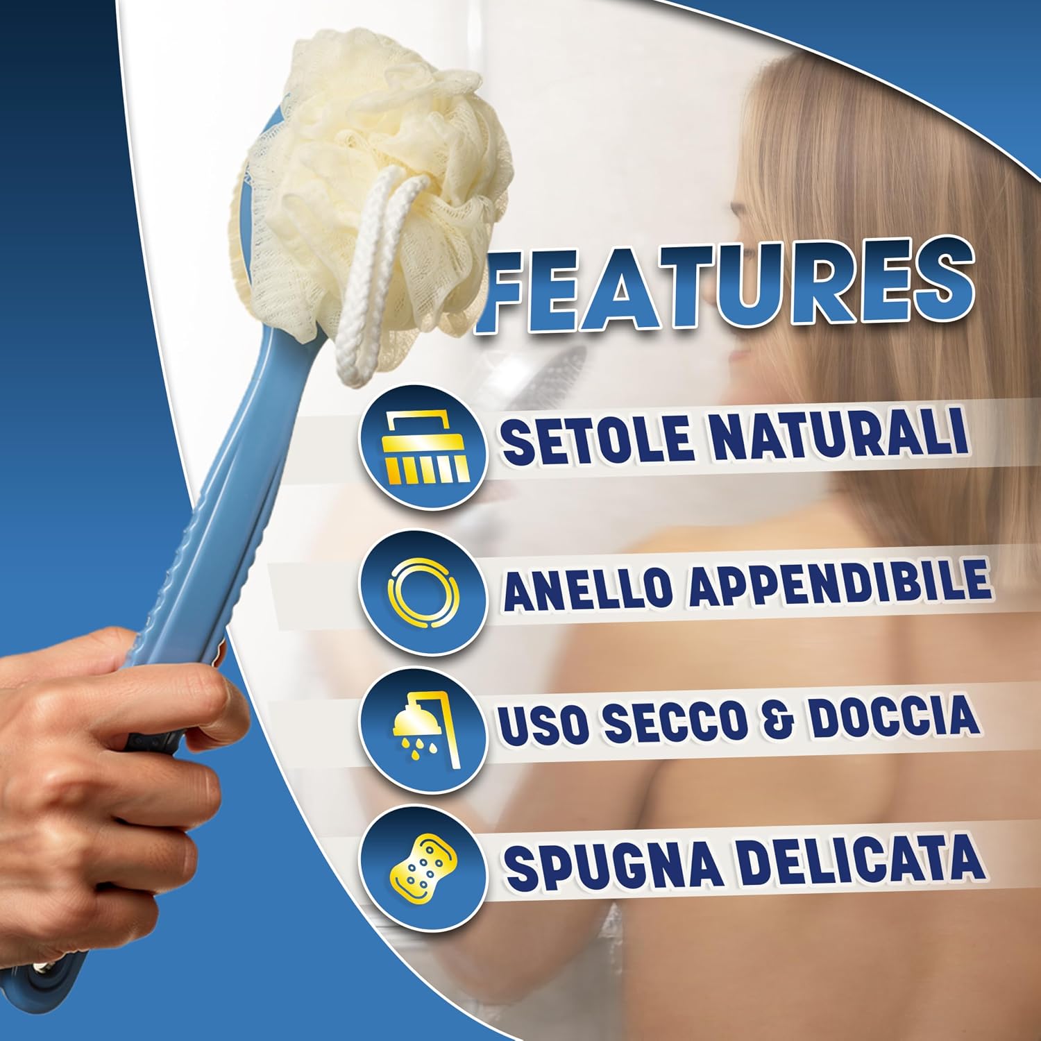 Thumbnail 2 de Spazzola Corpo Doccia con Manico Ergonomico Lungo 2 in 1 – Setole Morbide e Spugna per Detersione e Massaggio