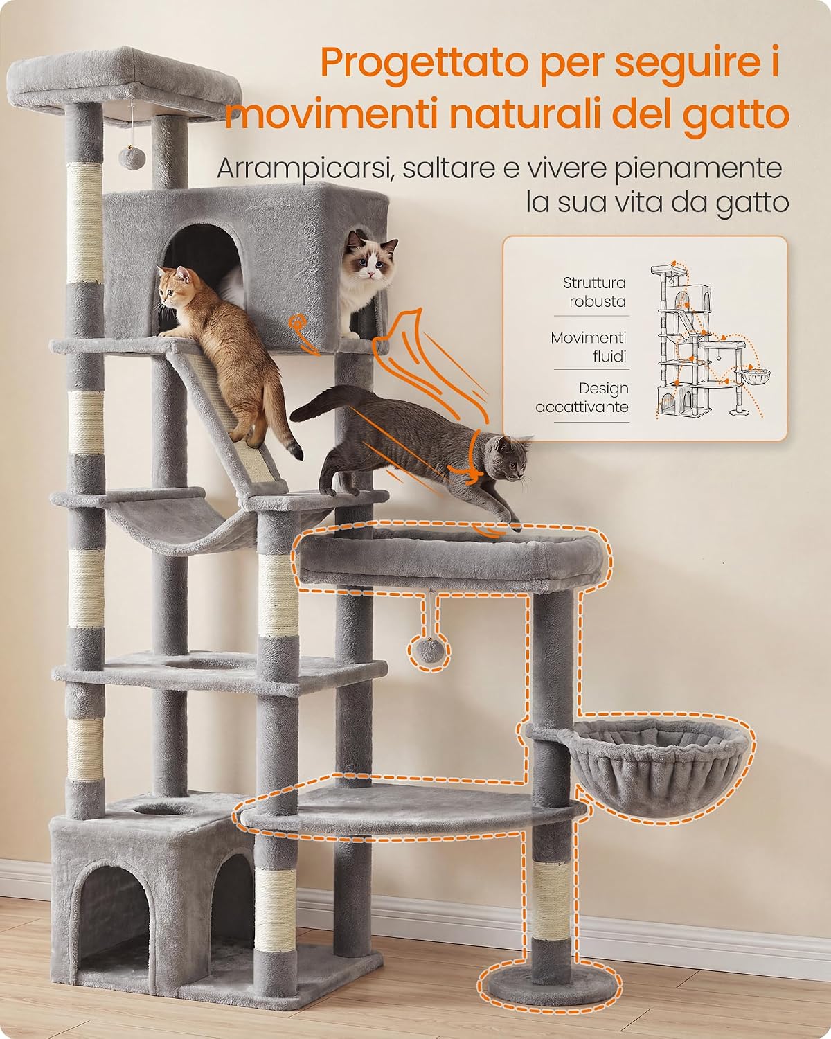 Detalle de Feandrea Grand Arbre à Chat multi-niveaux – Clawfy PCT016G101, Gris Clair