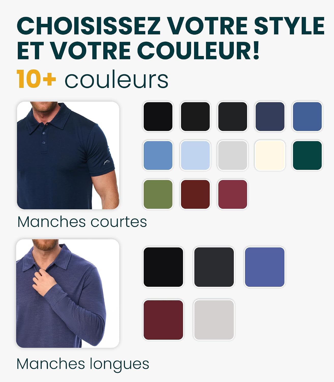 Thumbnail 3 de Merino.tech Merinos Polo Homme en laine mérinos (100%) — polo léger manches courtes ou longues