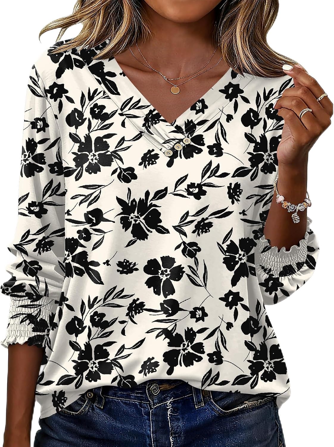 Detalle de Rapbin Bluse Damen mit 3/4-Arm und V-Ausschnitt – elegante Tunika für Sommer & Alltag