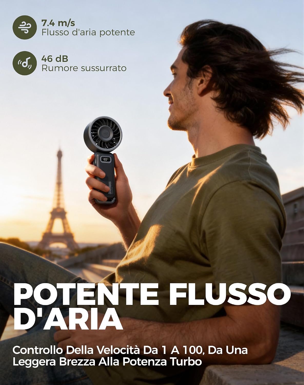 Detalle de Diveblues Ventilatore portatile pieghevole con batteria, 100 velocità regolabili e autonomia fino a 12h