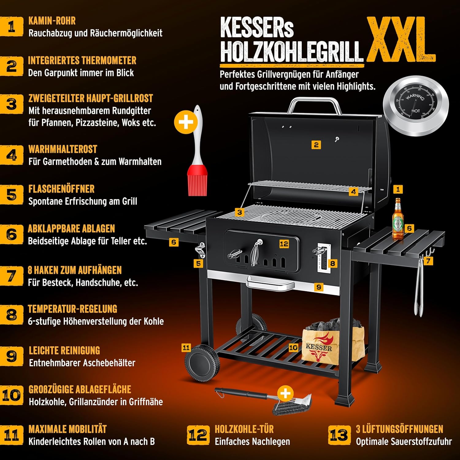 Detalle 2 de KESSER® Holzkohlegrill XXL Grillwagen Set mit Deckel & Thermometer – flexibler Grillwagen mit Smoker-Funktion