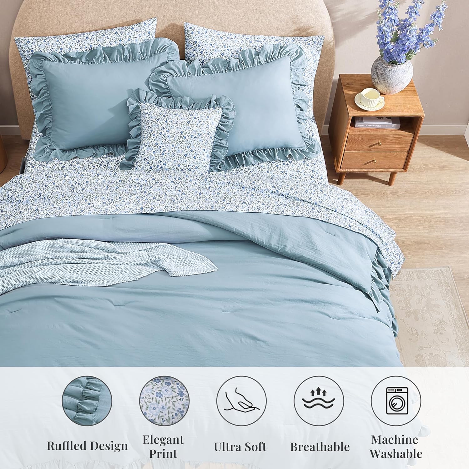 Thumbnail 6 de BLOOMHAVEN Queen Comforter Set – 7 Pieces in Ruffle Blue Floral, Ultra-Soft Microfiber
