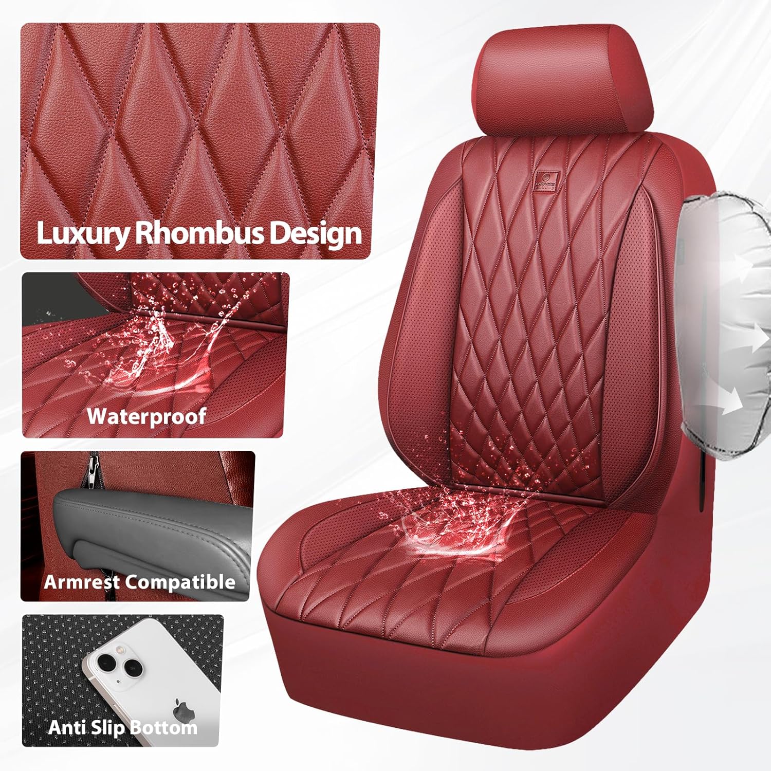 Thumbnail 5 de CAR PASS Piping Luxury Faux PU Leather Two Front Car Seat Covers (Burgundy Red) — Waterproof, Anti-Slip, Airbag Compatible