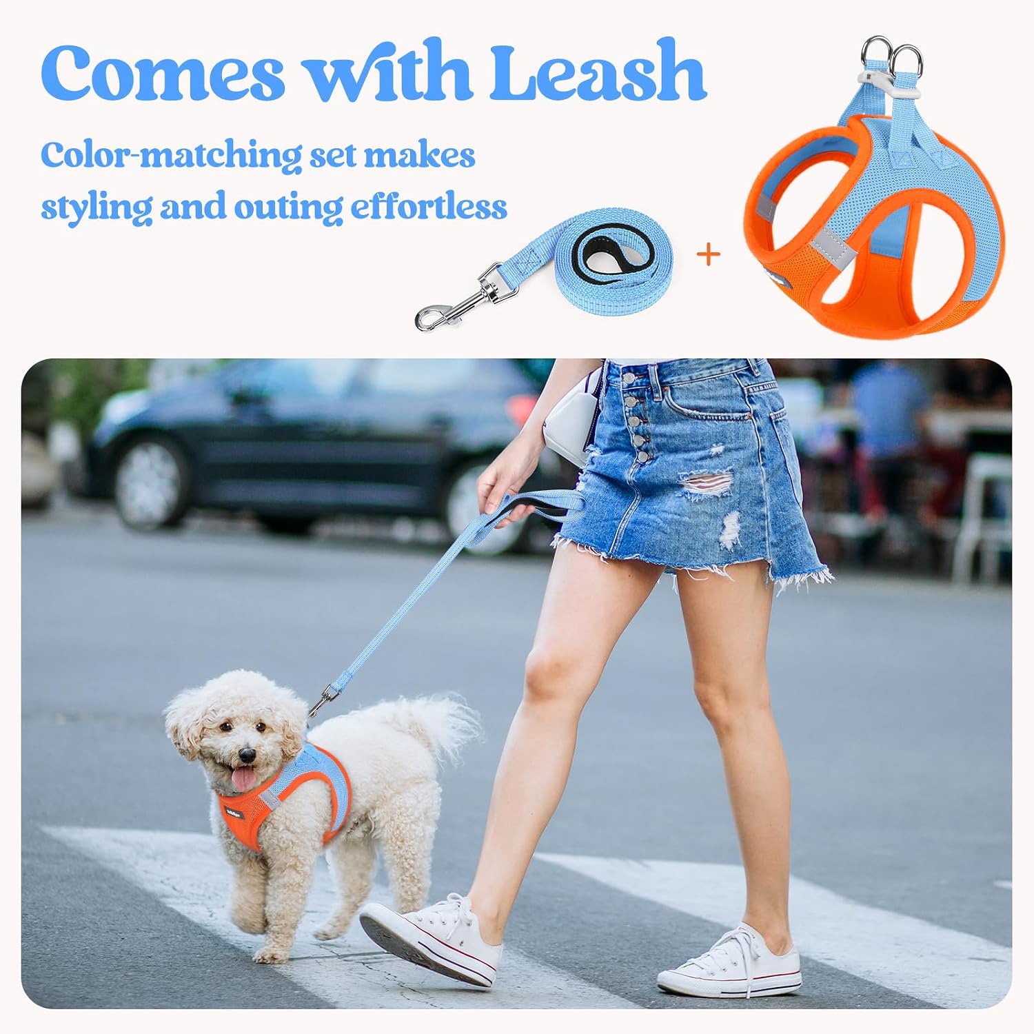 Detalle 2 de rabbitgoo Step-in Soft Mesh Dog Harness & Leash Set (Blue & Orange) – Small Size S