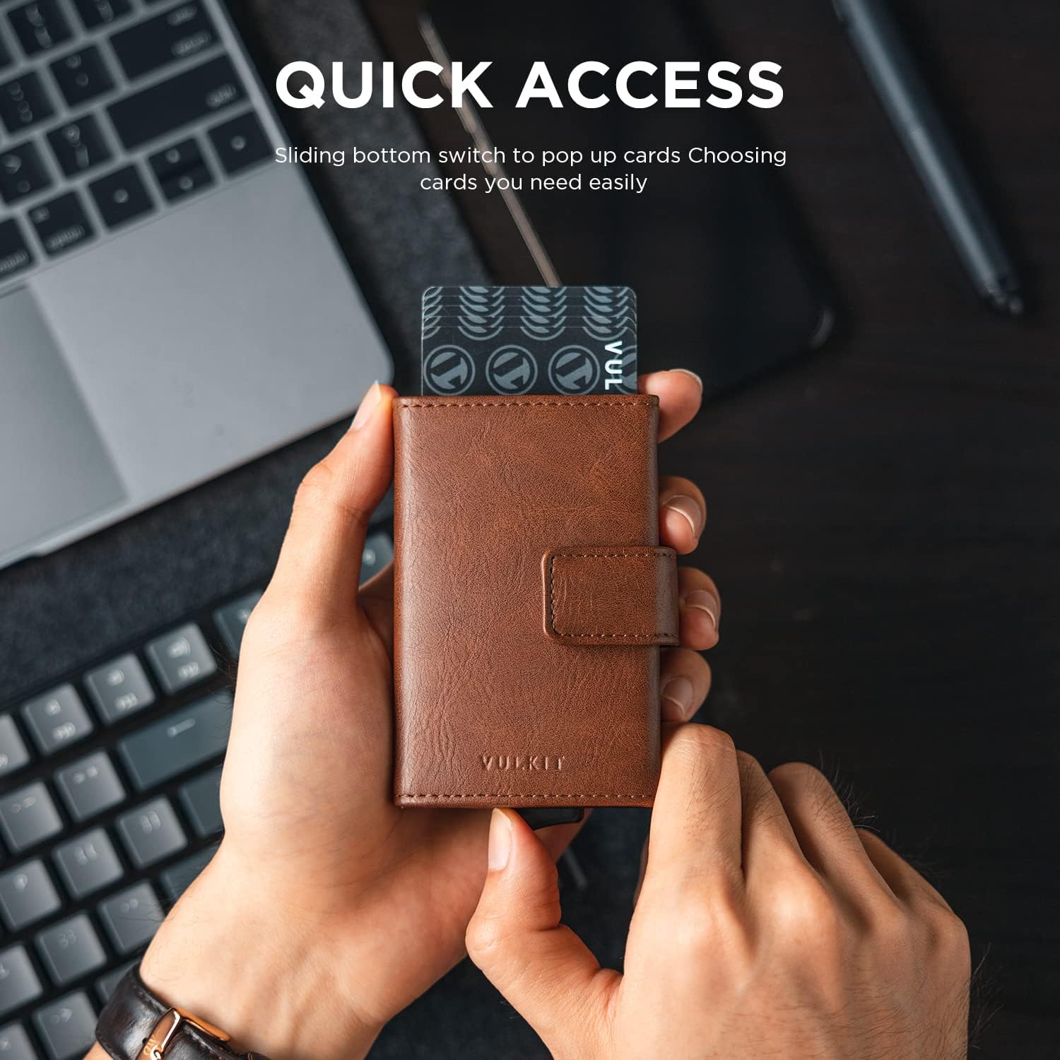 Detalle de VULKIT RFID Blocking pop-up leather credit card holder with magnetic closure
