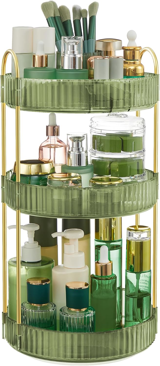 Detalle de SONGMICS Make-up Organizer drehbar JKA011C01 mit 3 Ebenen (360°) – Kosmetik-Aufbewahrung für den Schminktisch in Hellgrün