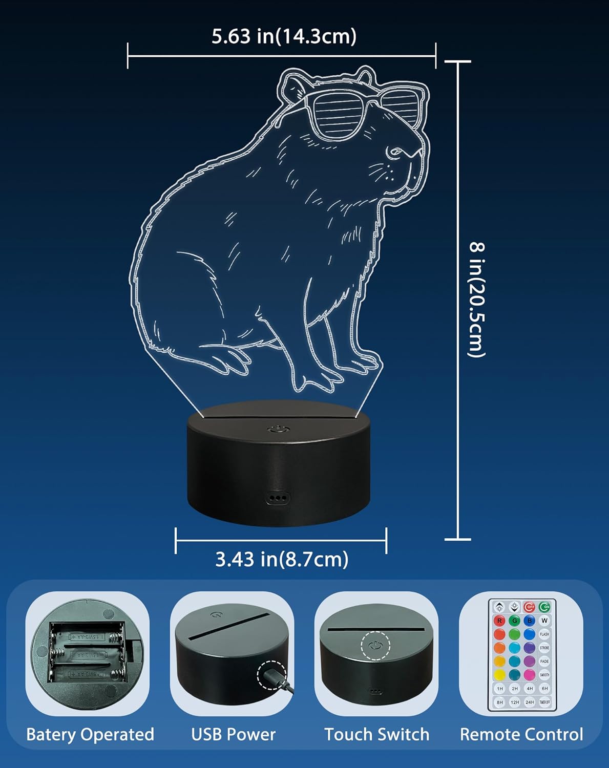 Thumbnail 1 de Magiclux Capybara Night Light with Touch & Remote, USB LED Acrylic Panel