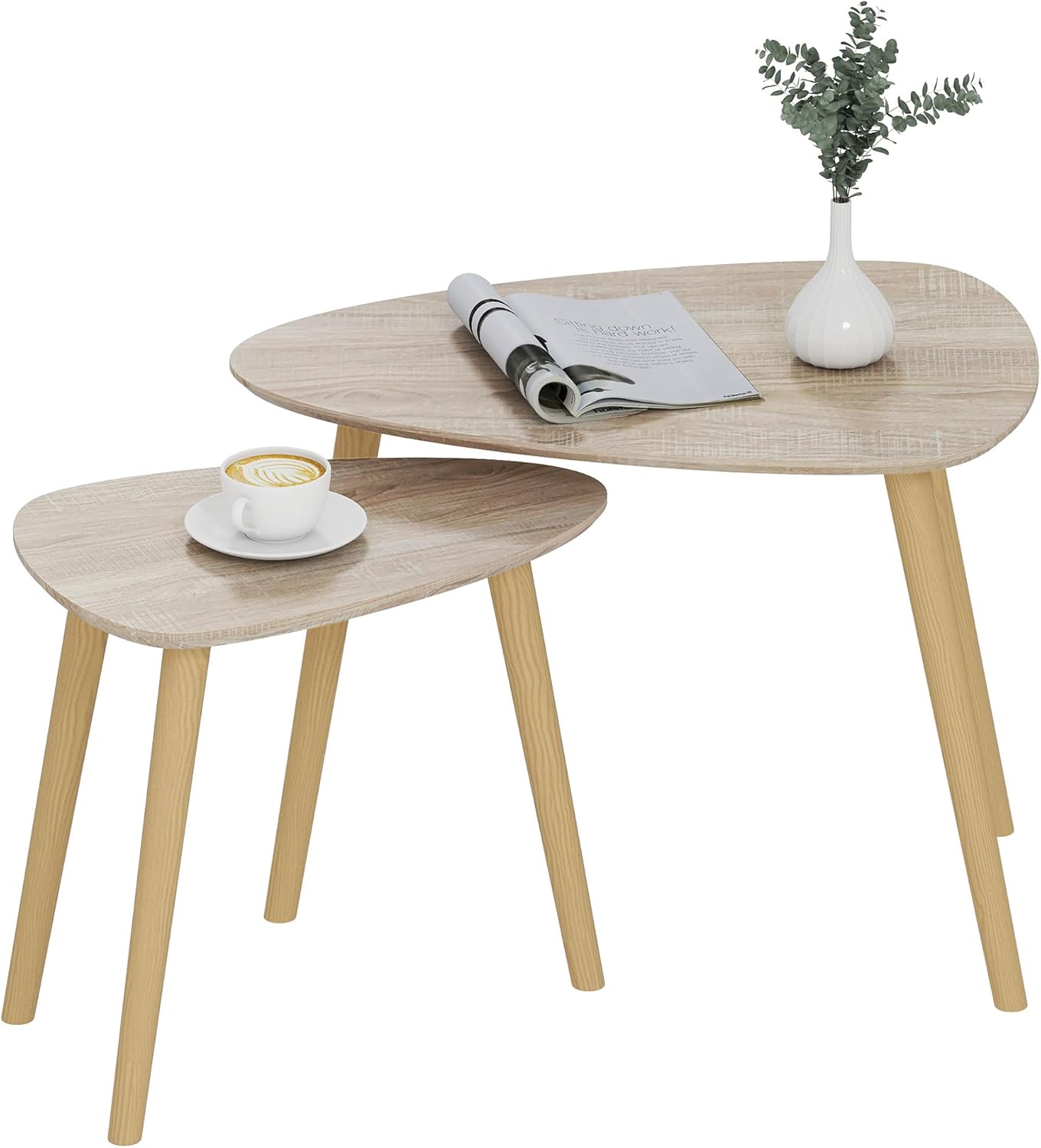 HOMCOM lot de 2 tables basses gigognes design scandinave pieds en bois et plateaux en bois