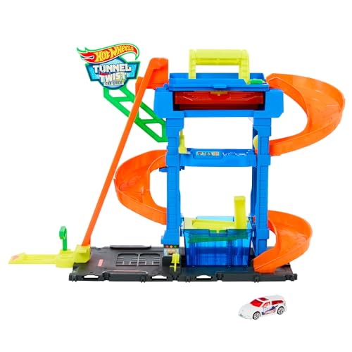 Detalle 2 de Hot Wheels City «Let's Race - ¡a correr!», Túnel de lavado en espiral con Color Shifter y 1 vehículo