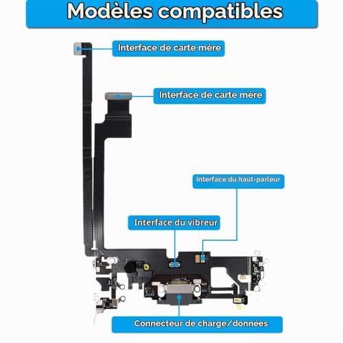 Thumbnail 2 de ZHUROUPU Câble Flexible de Remplacement pour Port de Charge iPhone 12 Pro Max 6,7" – Dock/Charge/Écouteur Noir