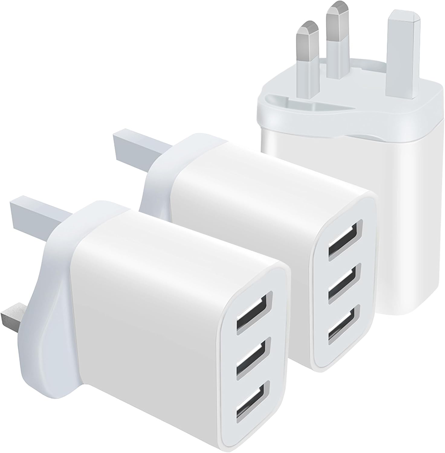 Detalle de 3 Pack UK Plug USB Wall Charger with 3 Ports (White-3P) – Multi-Device Fast Charging Adapter