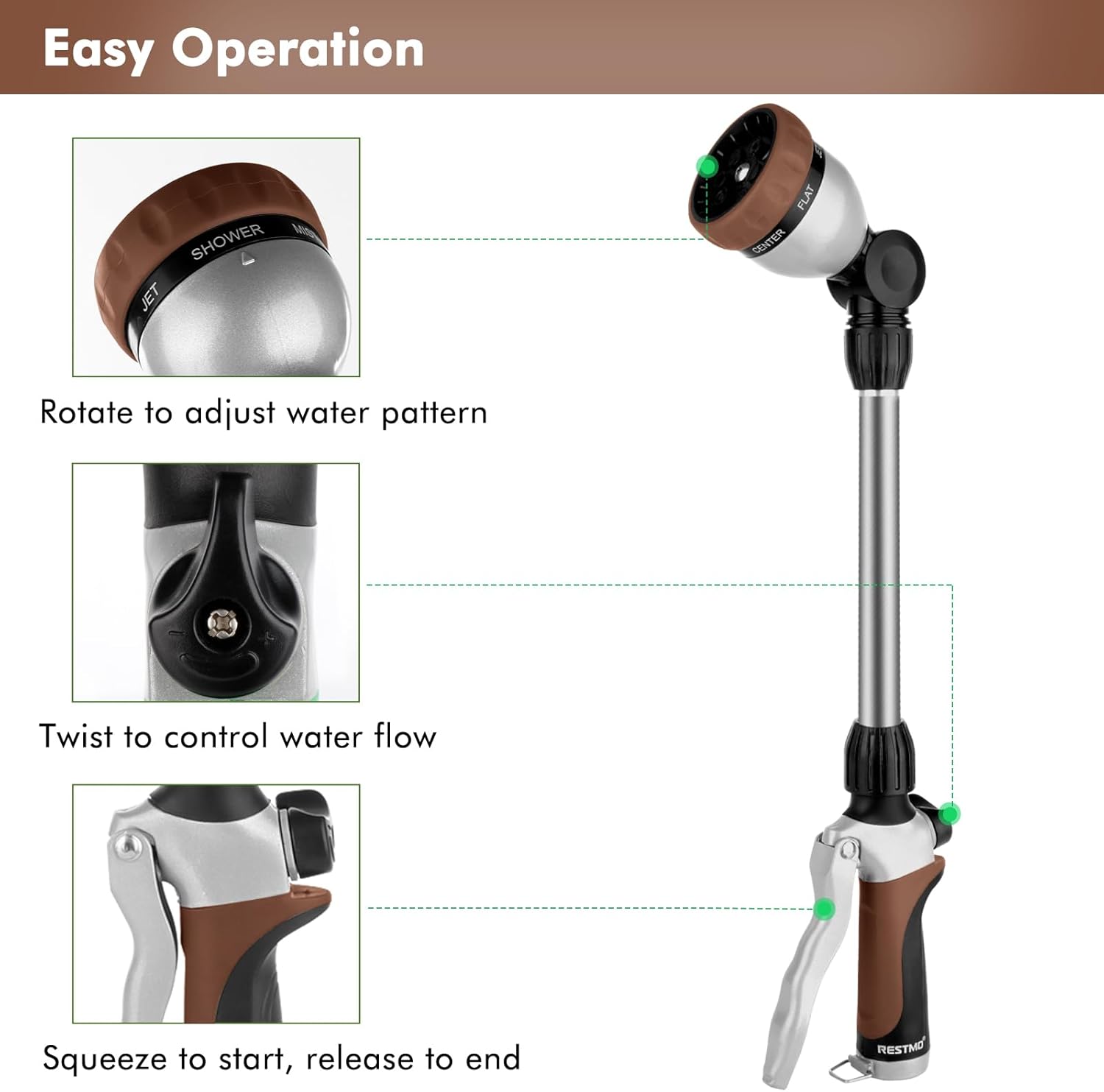 Thumbnail 2 de RESTMO 48cm Watering Lance with 180° adjustable ratcheting head and 7 spray patterns