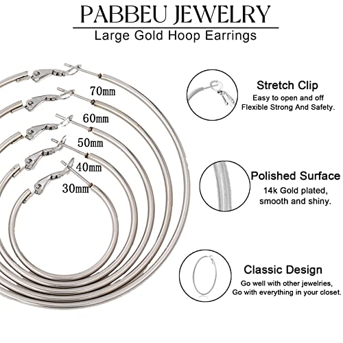 Detalle de PABBEU 5Pairs Silver Hoops Earrings Set for Women – 316L Stainless Steel, Big Thin, Hypoallergenic
