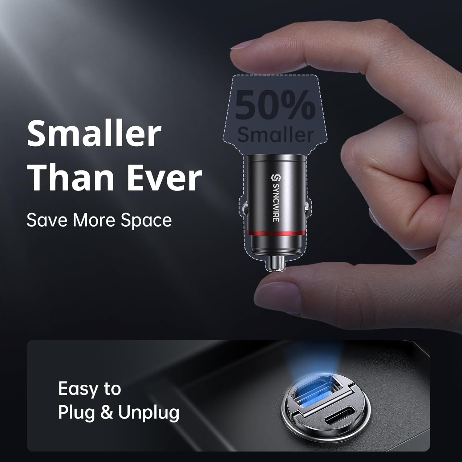 Thumbnail 1 de Syncwire USB-C & USB 12V Car Charger (PD30W & QC3.0) with Pop-Out Pull Ring