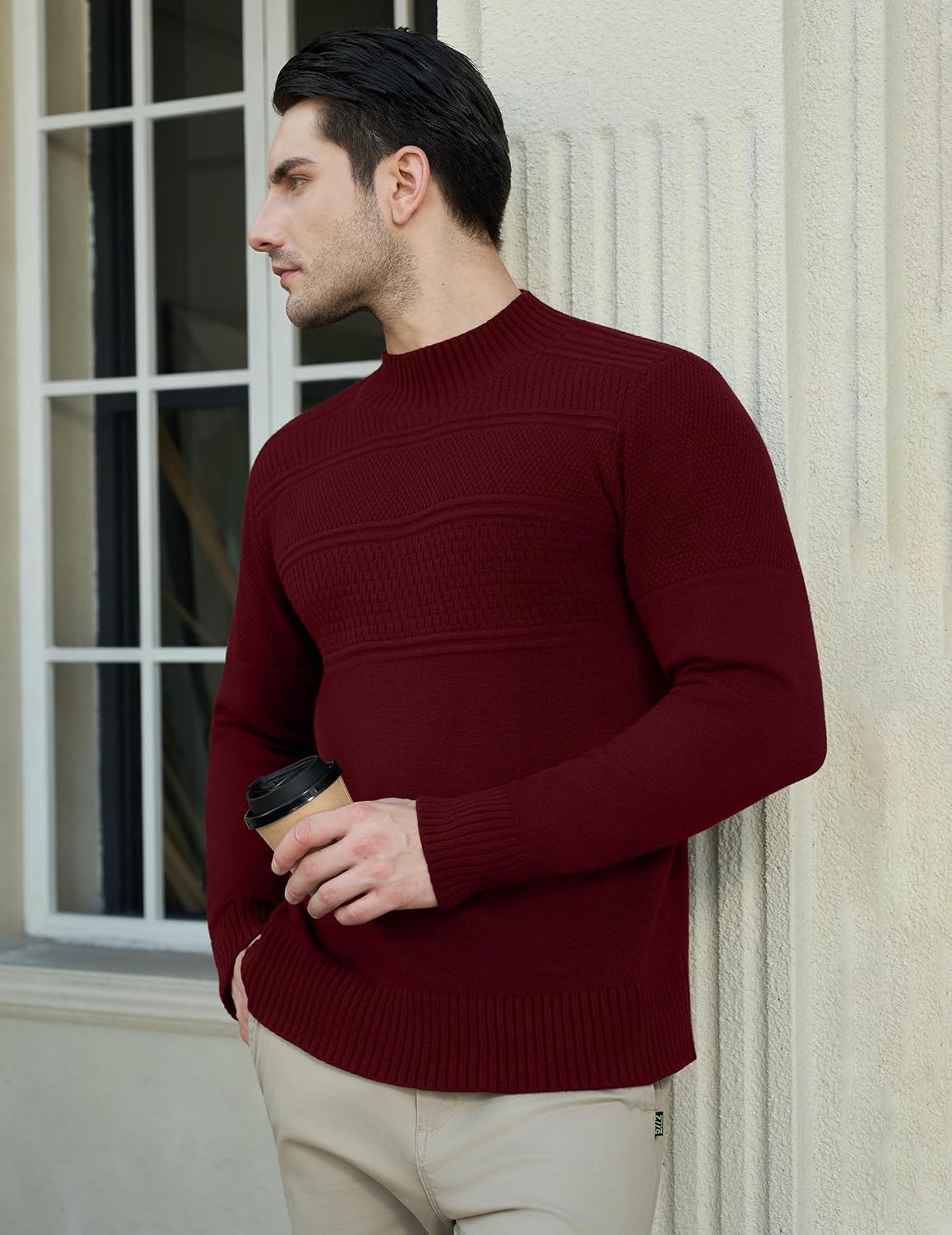 Detalle de MLANM Men's Turtle Neck Ribbed Knit Jumper – Slim Fit, Long Sleeve