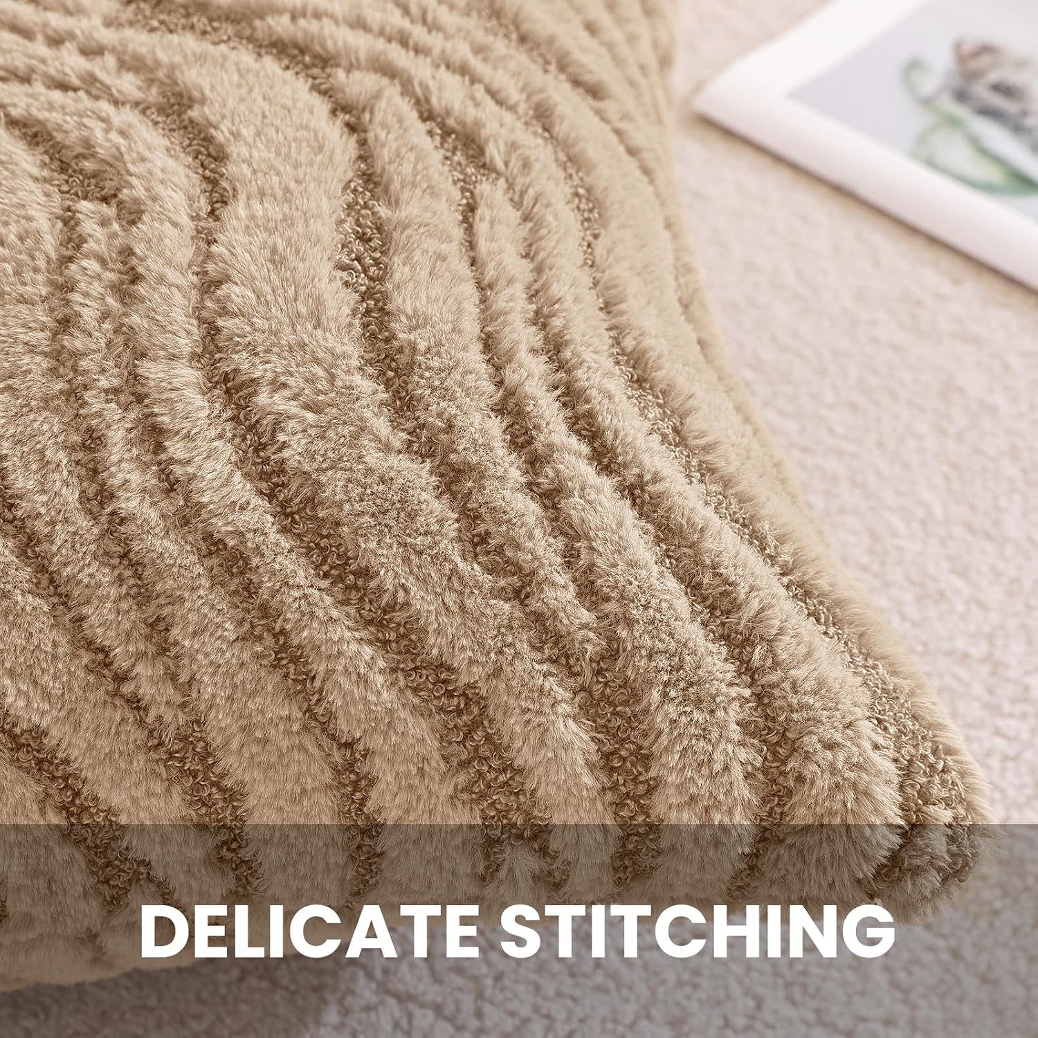 Thumbnail 6 de Ystyle lot de 2 housses de coussin décoratives 45 x 45 cm en peluche marron clair