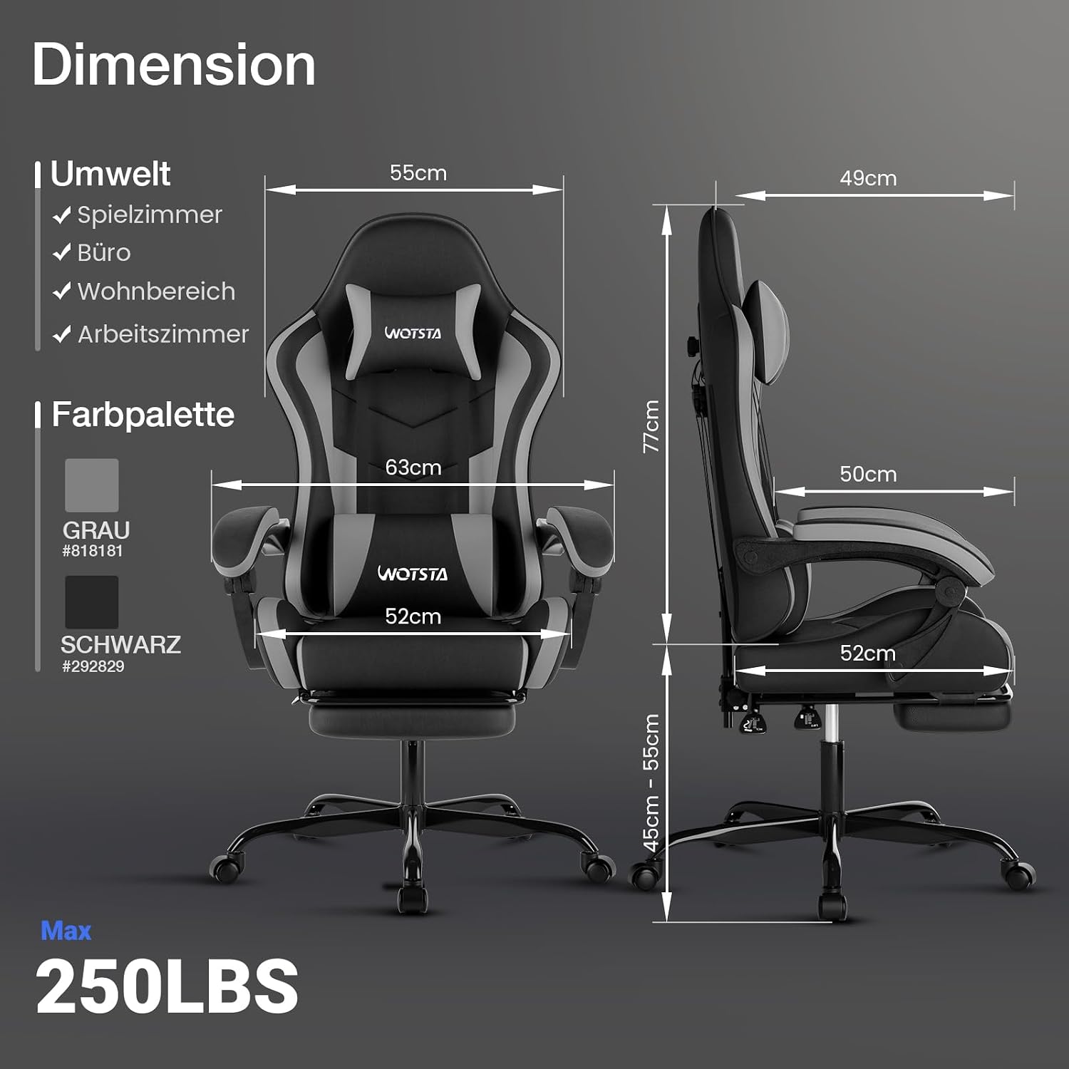 Detalle de WOTSTA Gaming Stuhl 135° Neigungswinkel