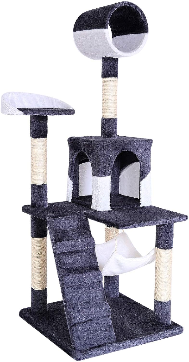 Detalle de lionto Kratzbaum für Katzen mit Hängematte & Tunnel (133 cm) – Sisalseil, Höhle und Liegeflächen in grau/weiß