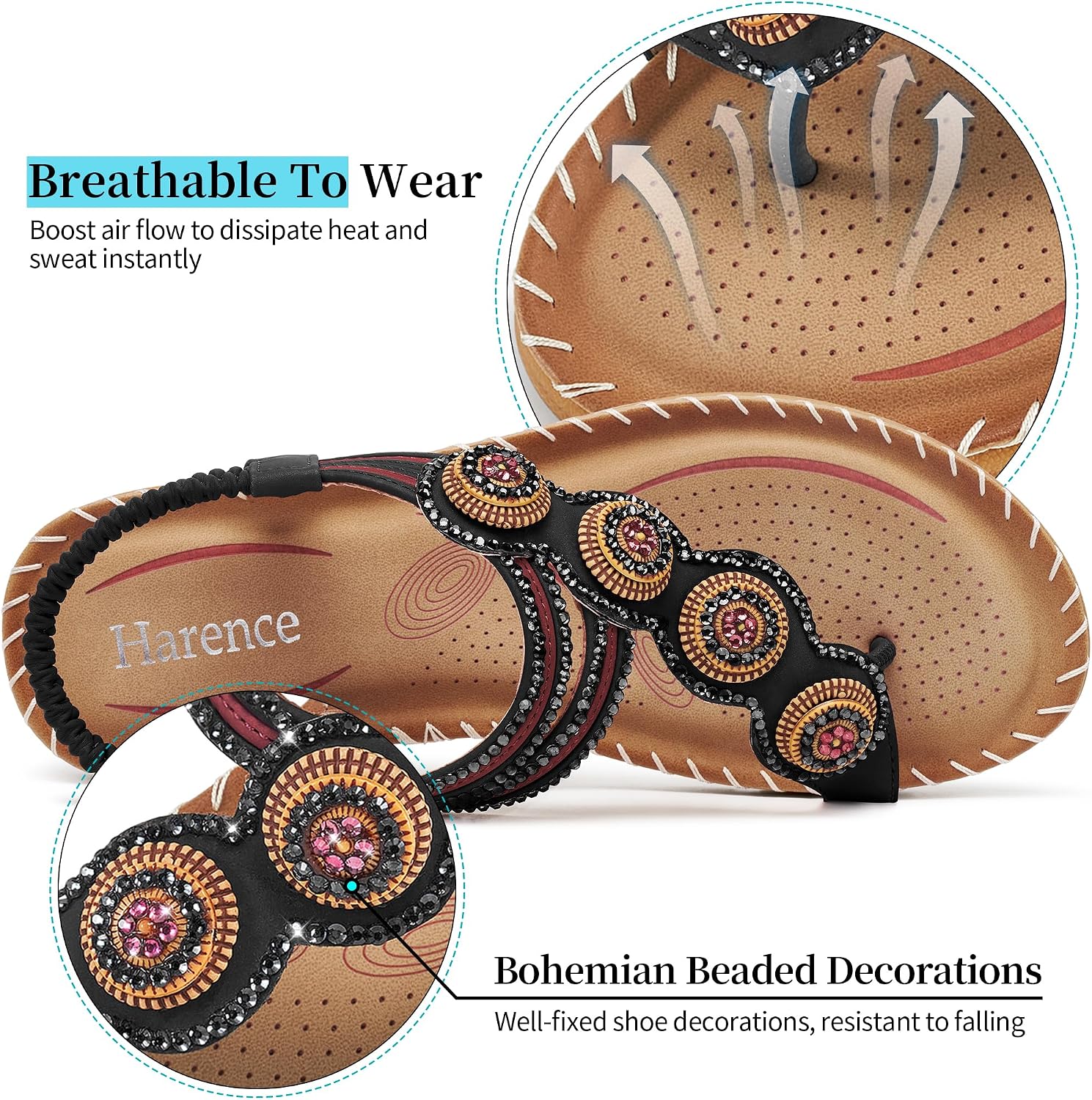 Detalle de HARENCE Women's Flat Sandals with Memory Foam