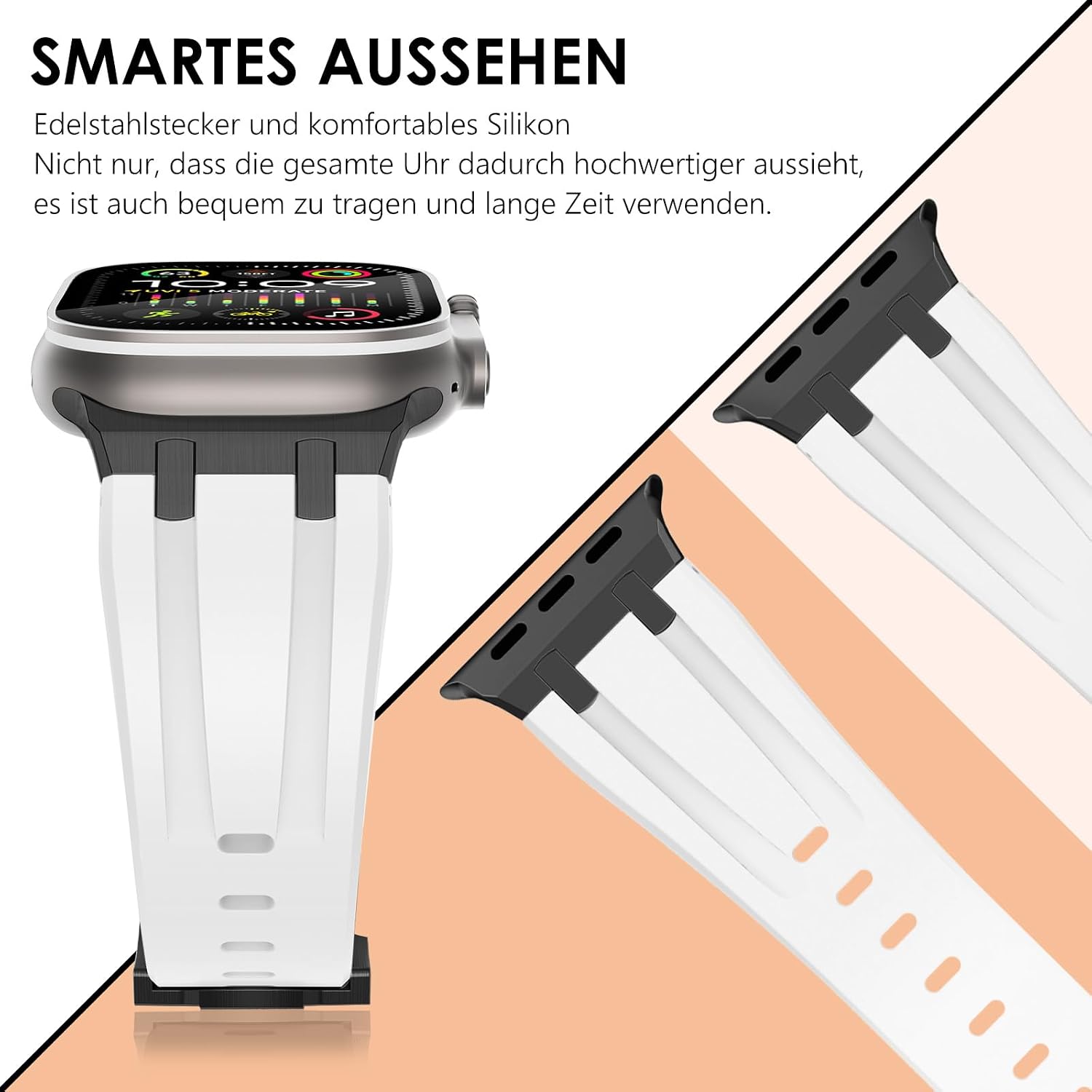 Detalle 2 de NewWays Silicone Strap with Stainless Steel Connector for Apple Watch (42mm/41mm/40mm/38mm) – White/Black