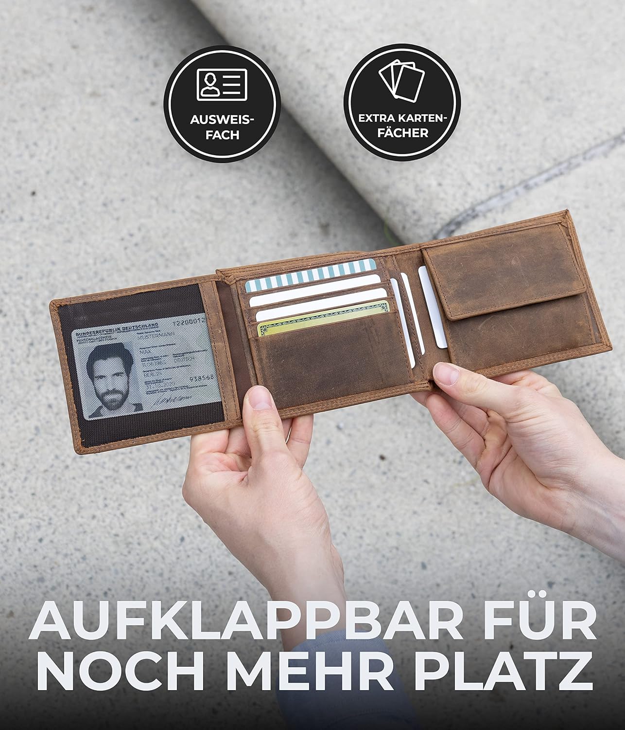 Detalle de KORUTA Herren-Geldbörse aus Leder (braun) mit RFID-Schutz und 13 Fächern – großes Portemonnaie im Querformat