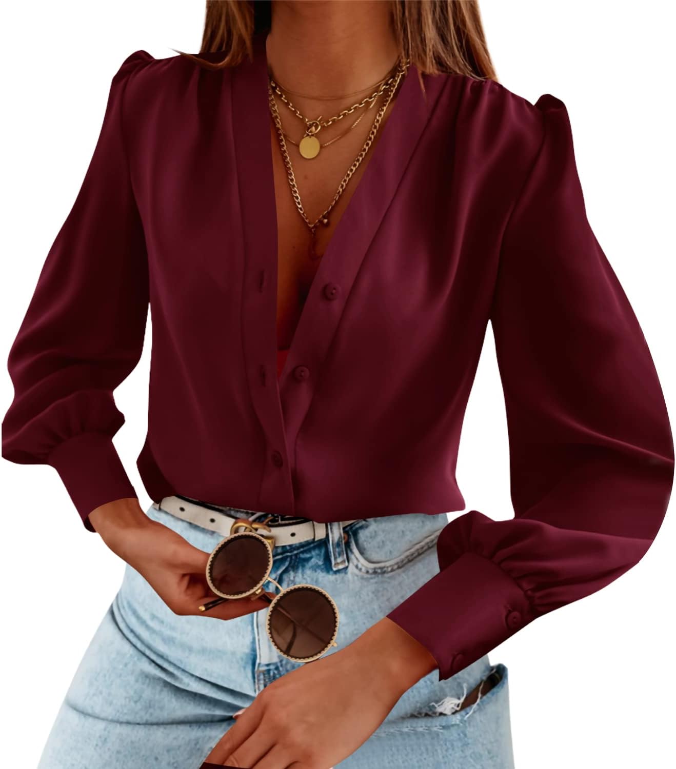 Thumbnail 6 de Long Sleeve V Neck Chiffon Blouse Top