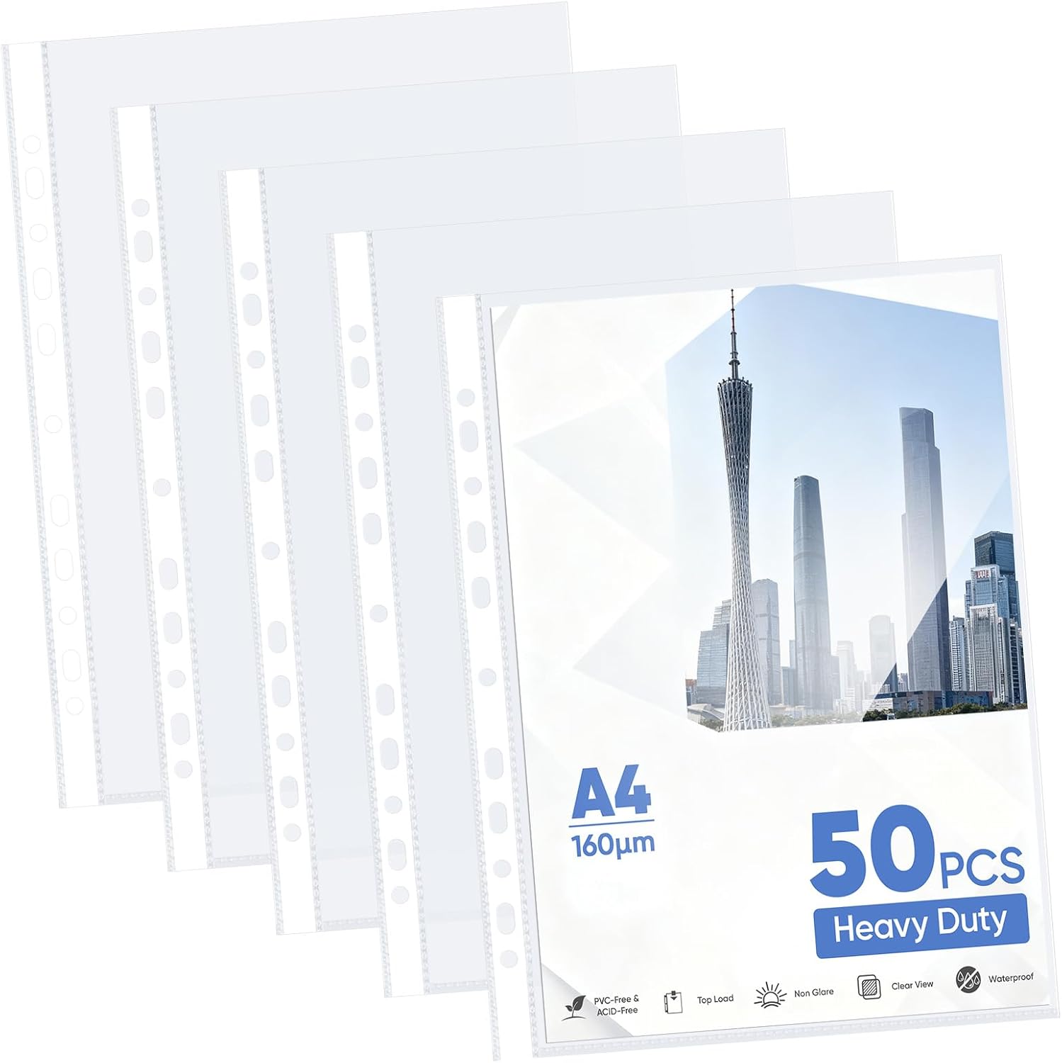 AGOER 50-pack A4 heavy duty punched plastic pockets (160 micron, clear, 11-hole) for ring binders