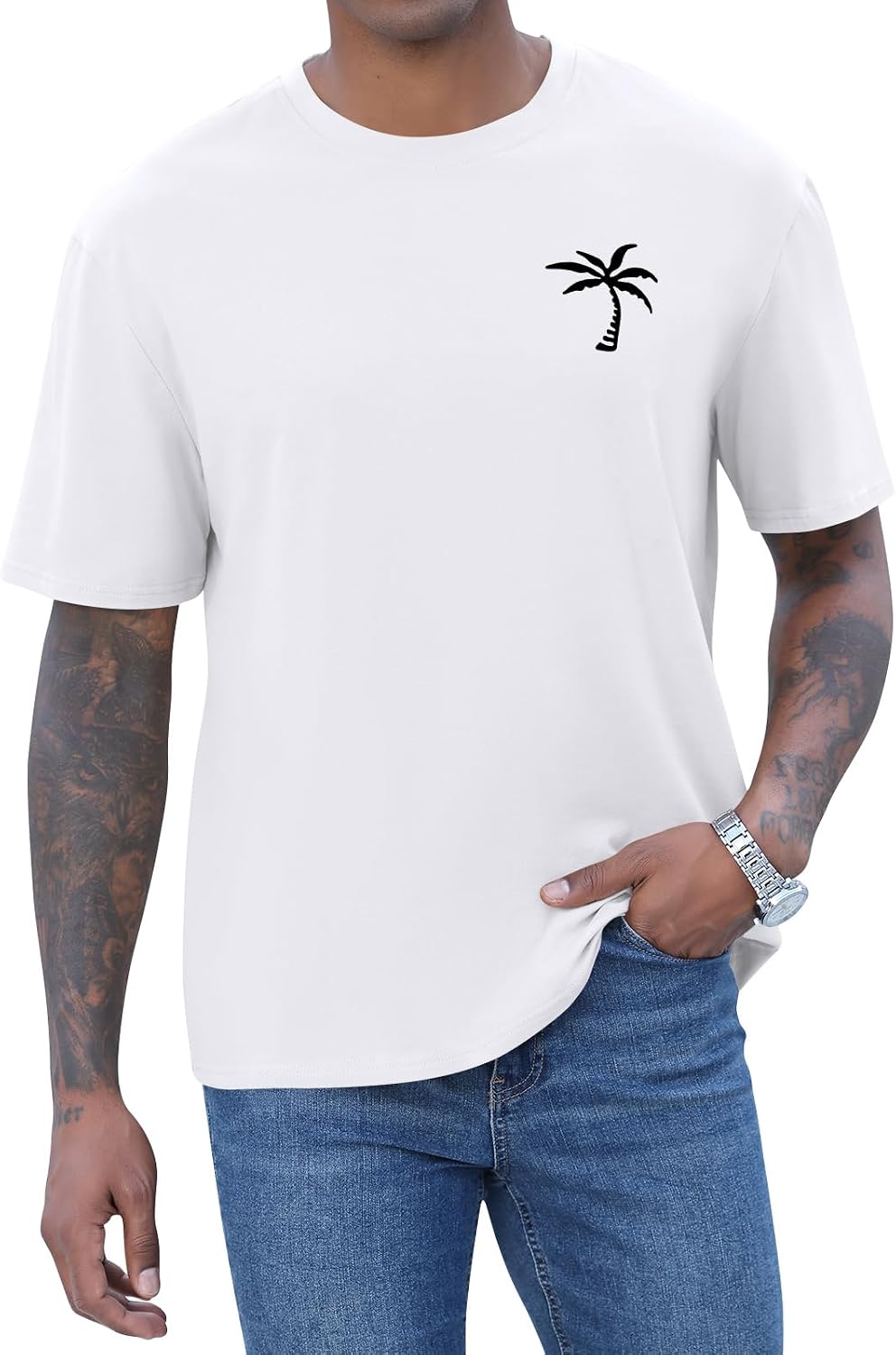 Detalle 2 de iudam Herren Kurzarm T-Shirt mit Palmenprint – Sommer-Top aus Baumwollmischung