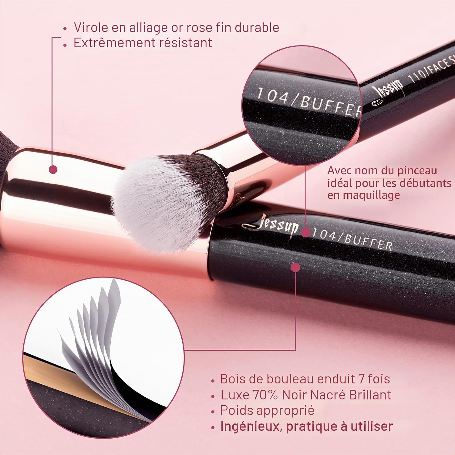 Thumbnail 6 de Jessup Pinceaux Maquillage 25 pièces T155 (cheveux synthétiques et naturels, noir/rose)