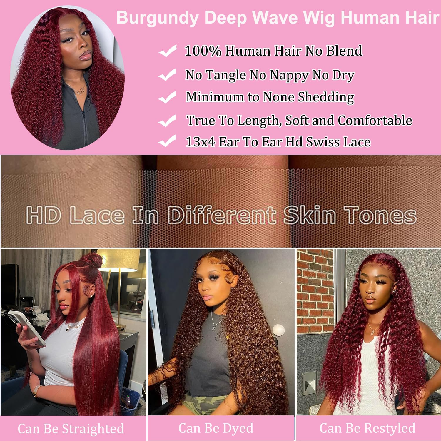 Detalle de Armodeo 38 Inch 99J Burgundy Deep Wave Lace Front Wig – 13x13 HD Lace, 250 Density, Pre Plucked