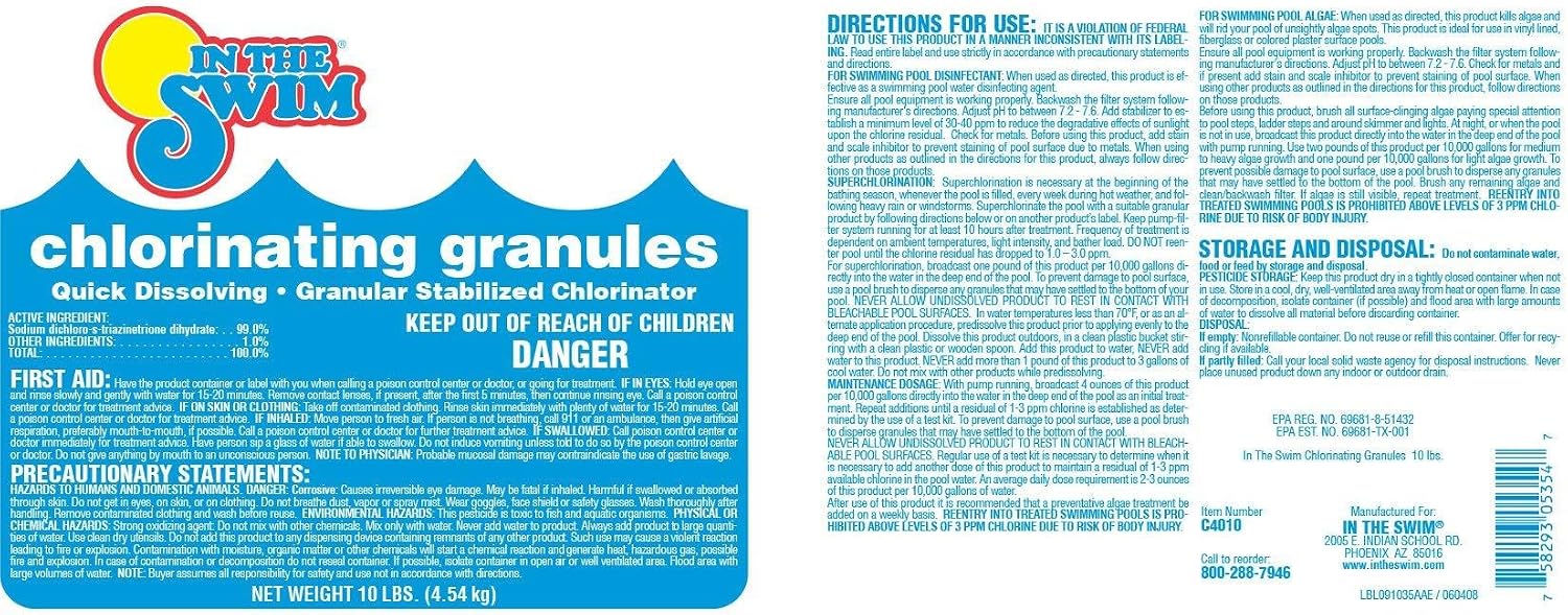 Detalle de In The Swim F035010040AE Sodium Dichlor Pool Shock Granules, 10 Pounds, 56% Chlorine