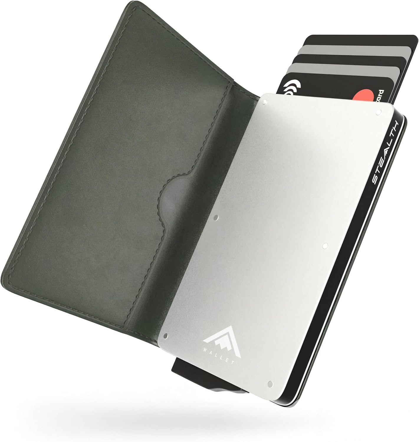 Detalle de Stealth Wallet RFID Card Holder Wallet – Smart Minimalist Pop Up Slim Aluminium & Green Leather