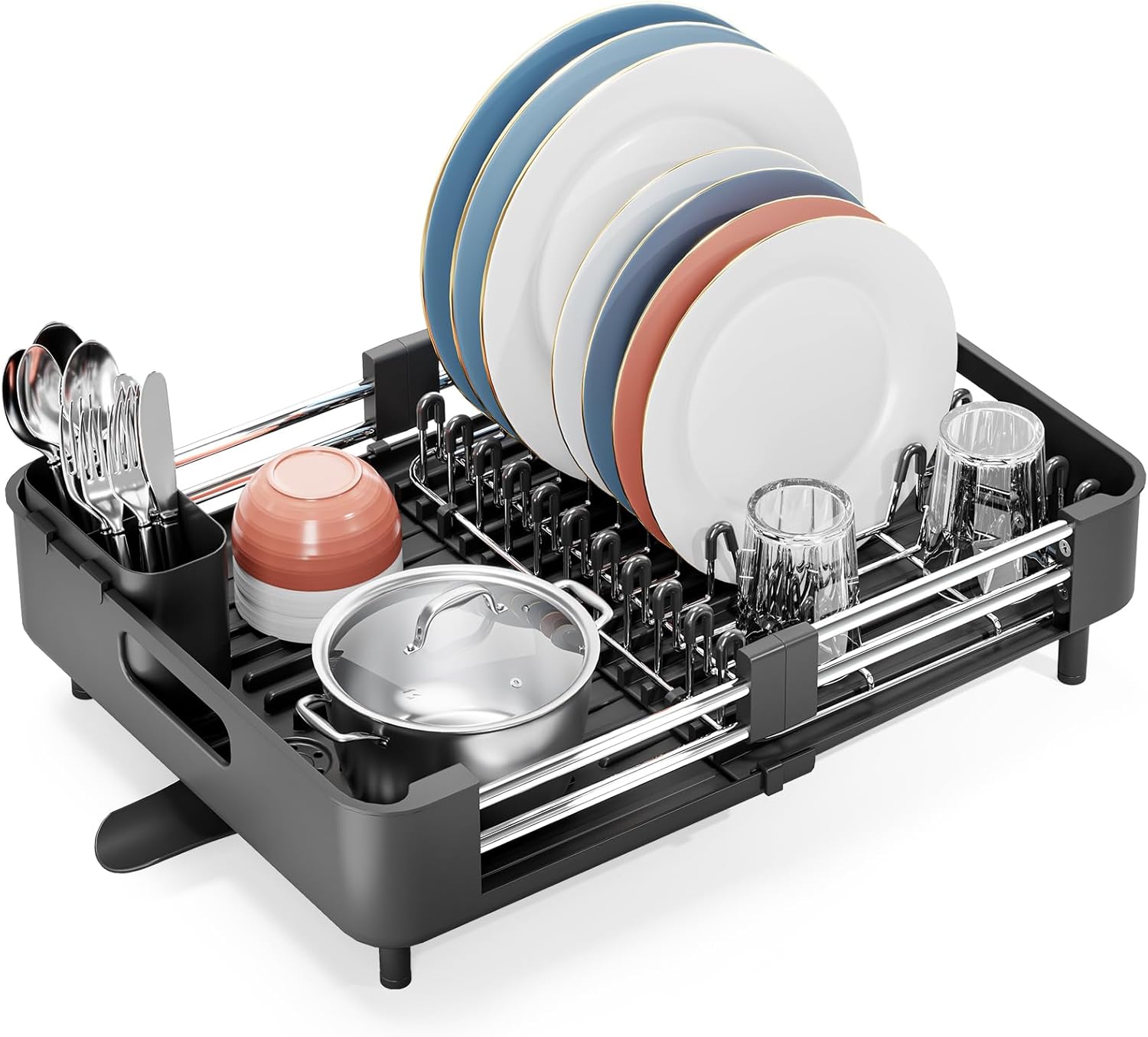 Detalle de KINGRACK extendable dish drainer rack with removable cutlery holder (stainless steel, black)